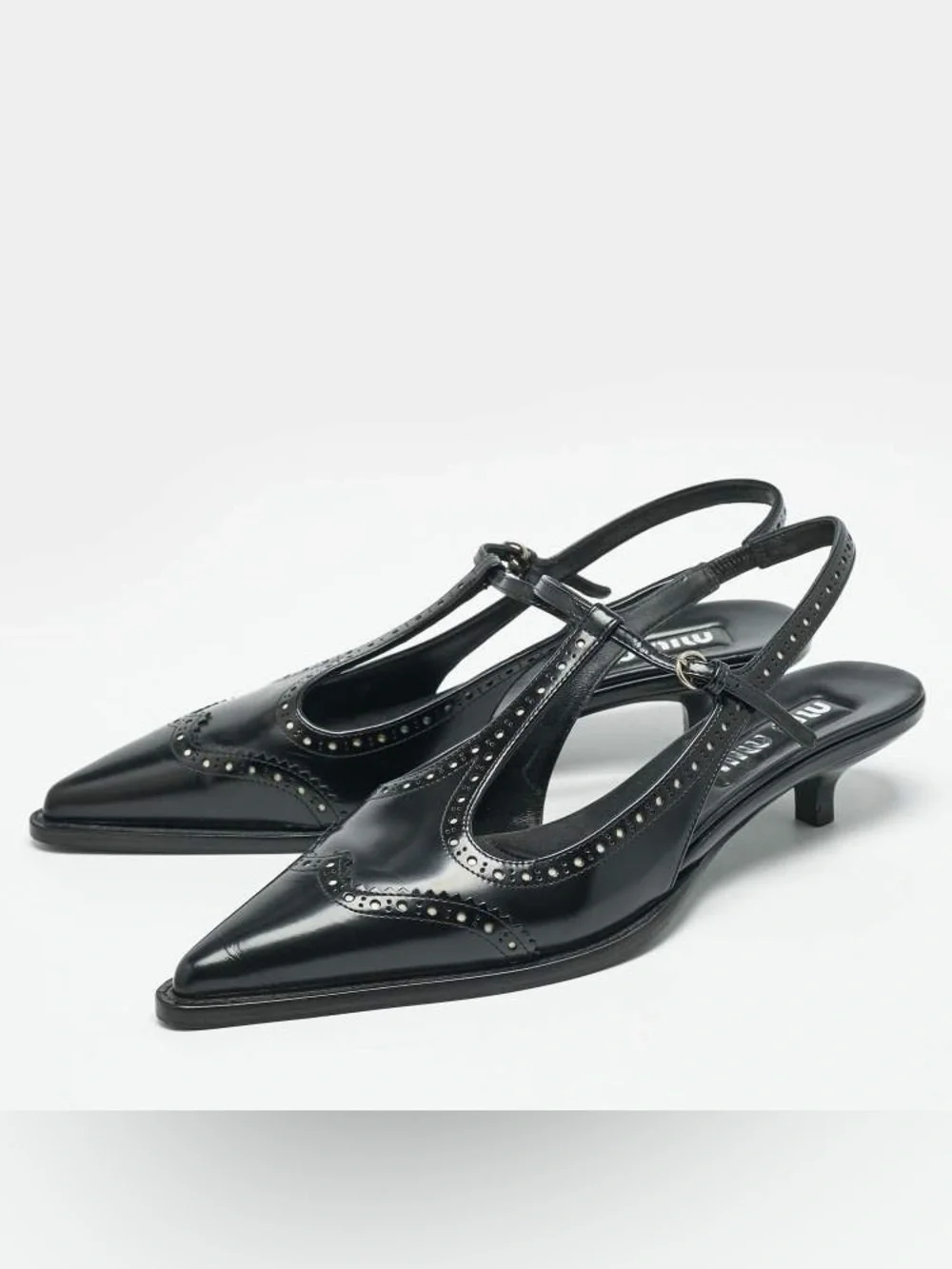 Miu Miu Brushed leather brogue slingback T-strap kitten heels